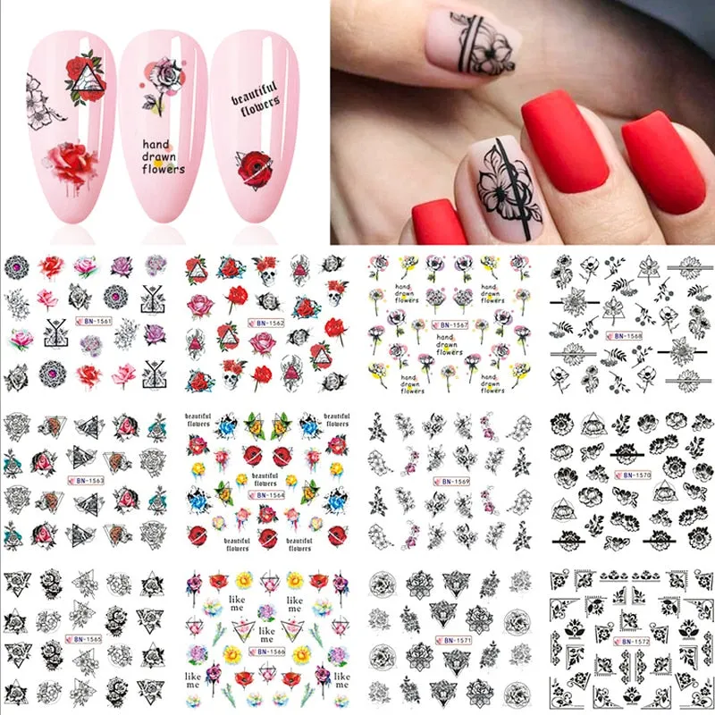 Nail Stickers Water Transfer Colorful Art Flowers Designs 12Pcs/Set Nail Decal Decoration Tips For Beauty Salons-Nail Inspo