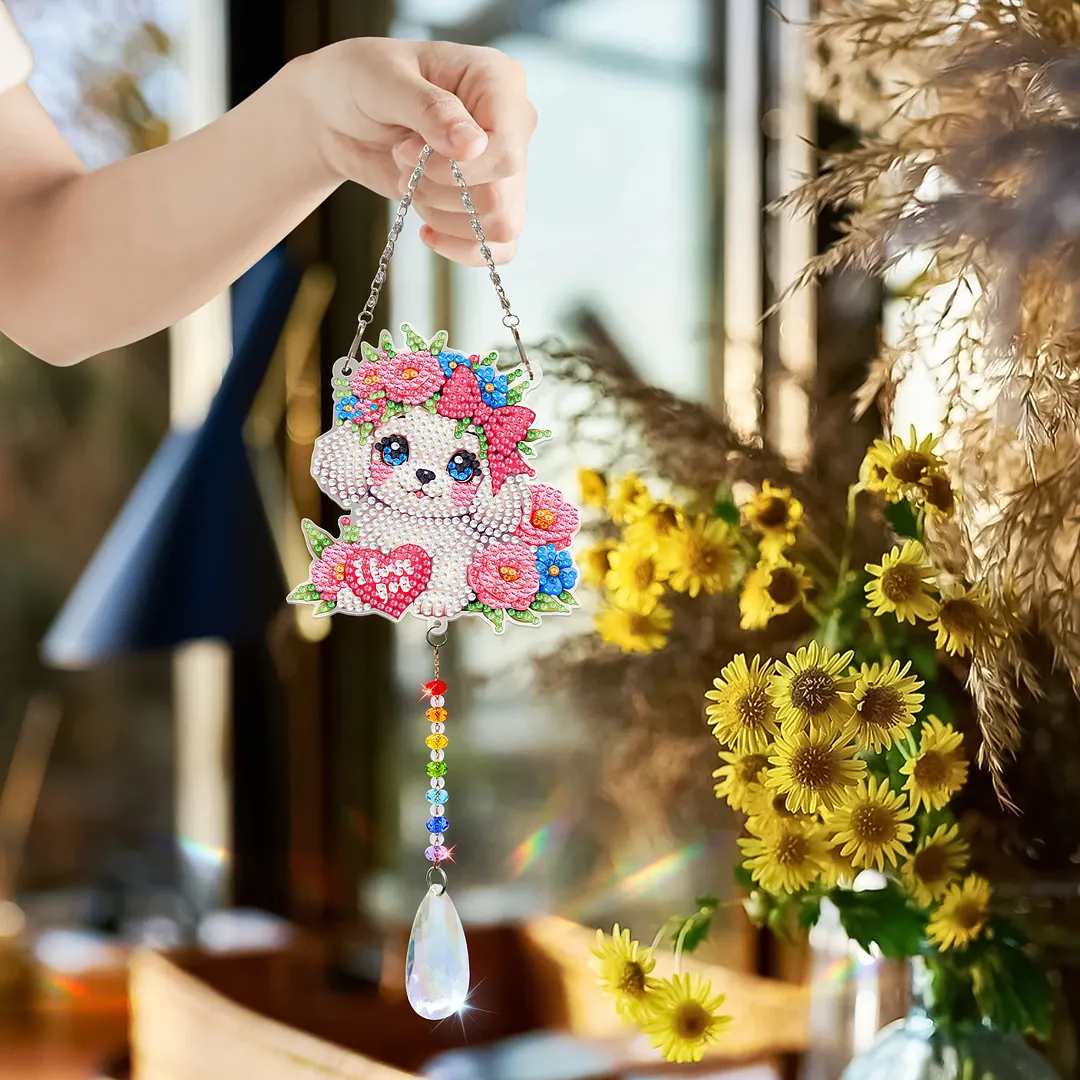 2Pcs Dog DIY Acrylic Diamond Painting Art Wind Chimes with Crystal Pendant Diamond Art Hanging Pendant Double-Sided for Adults Beginners Gift Home Garden Decor