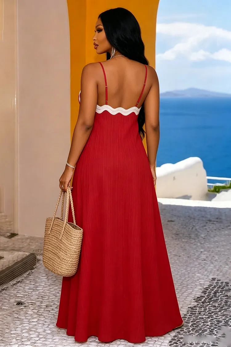 Spaghetti Strap Contrast Piping A-Line Vacation Maxi Dresses-Red [Pre Order]
