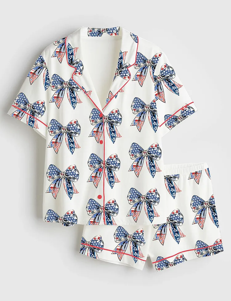 Women&rsquo;s Coquette American Girl 4th Of July America Freedom USA Flag Short Sleeve Satin Pajama Set
