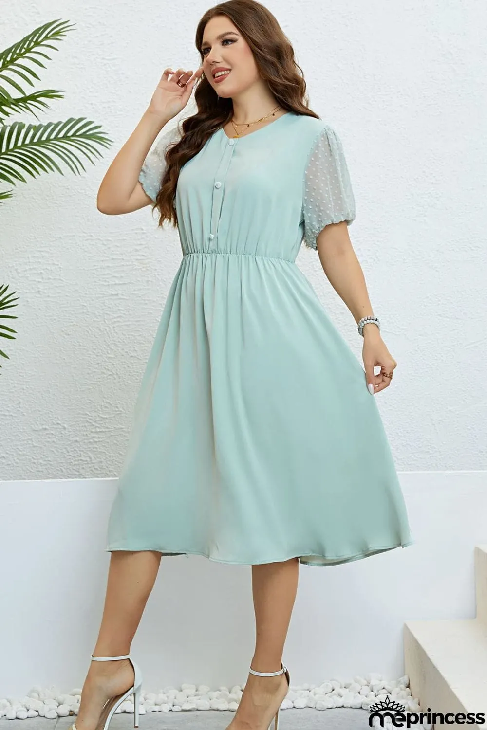 Swiss Dot Mesh Sleeve Buttoned Dress