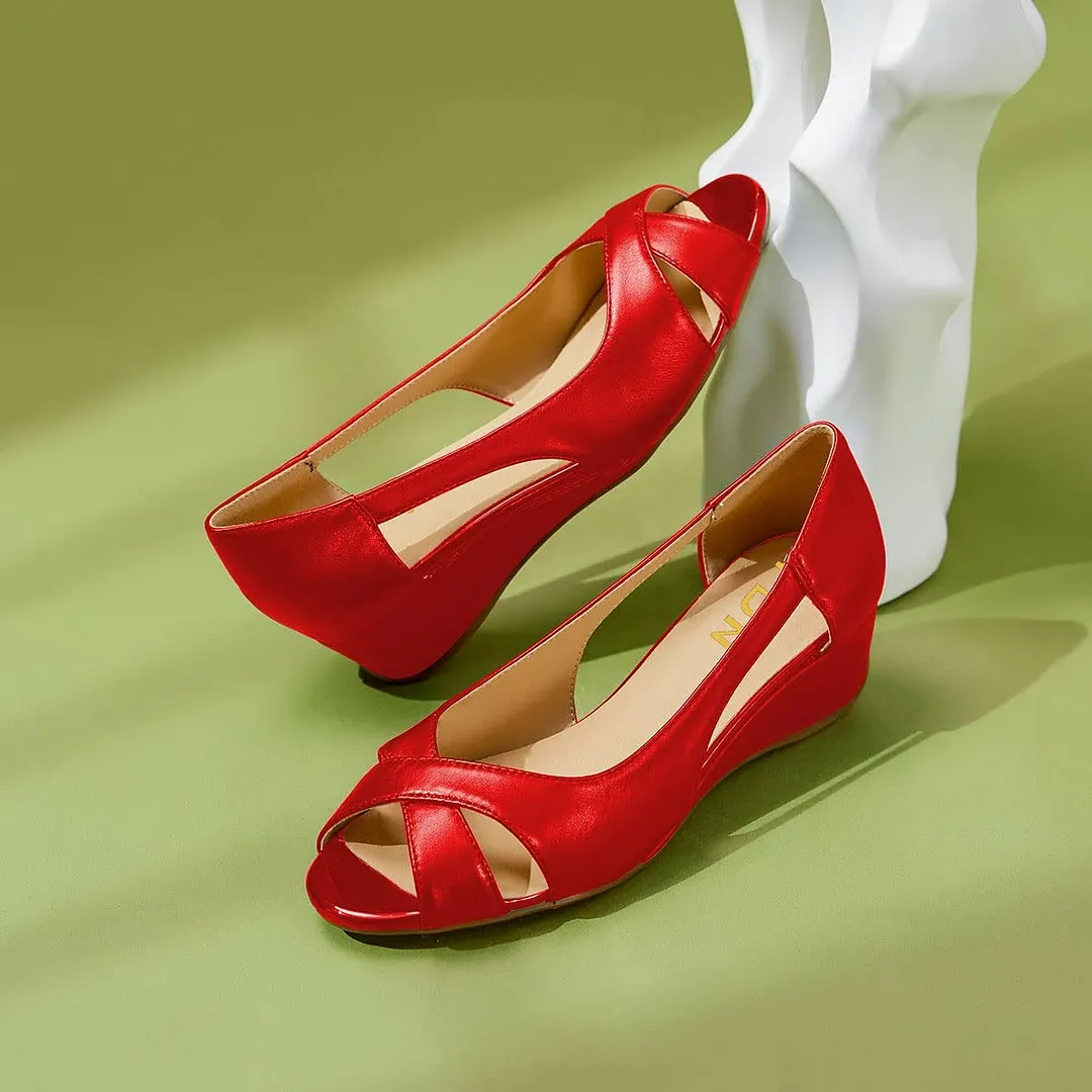 Chic Red Peep Toe Cross Strap Cut Out Wedge Sandals for Women