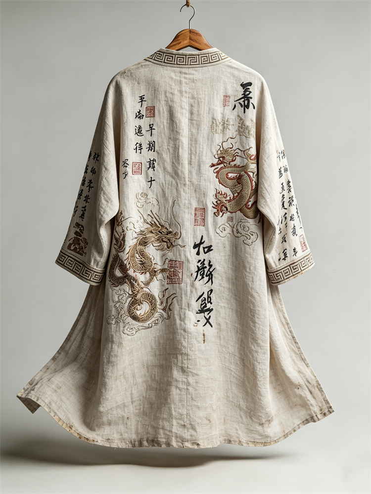 Men's Japanese Dragons Calligraphy Art Linen Kimono Cardigan elevenforest