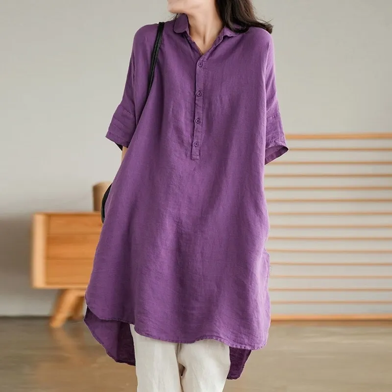 Athvotar And Art Simple White Linen Shirt Women's Long 2025 Summer Thin Loose Middle-Sleeved Doll Collar Top
