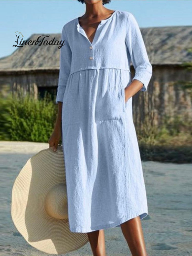 Cotton And Linen Mid - Sleeve Dress Blue / S