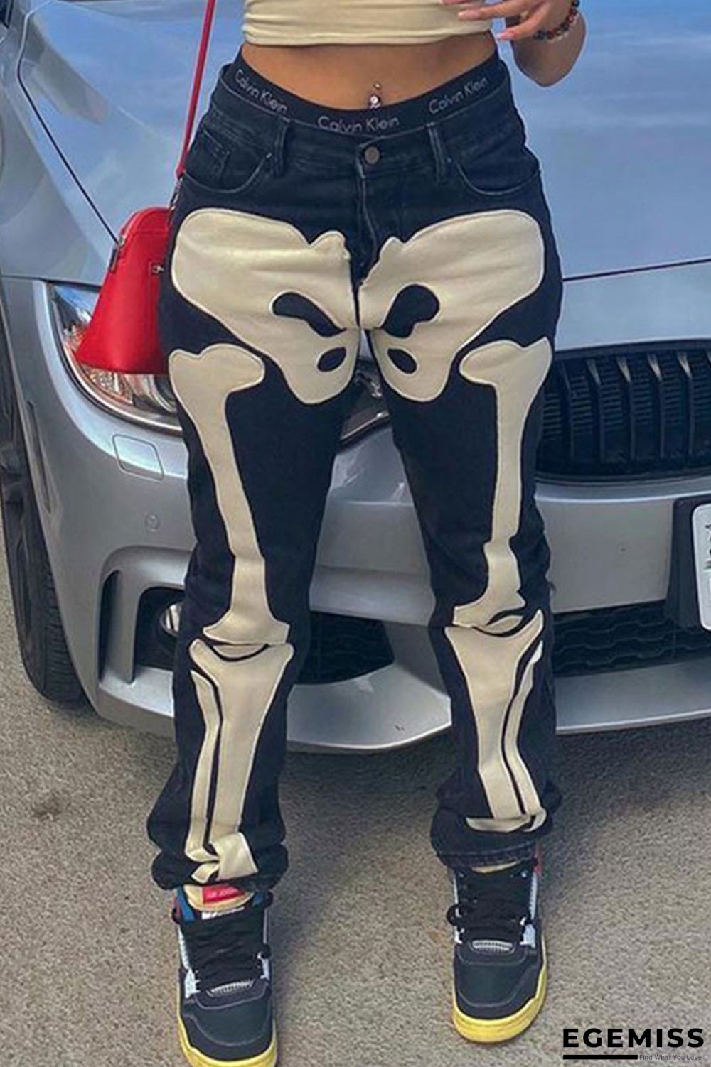 Black Casual Street Print Patchwork High Waist Denim Jeans | EGEMISS