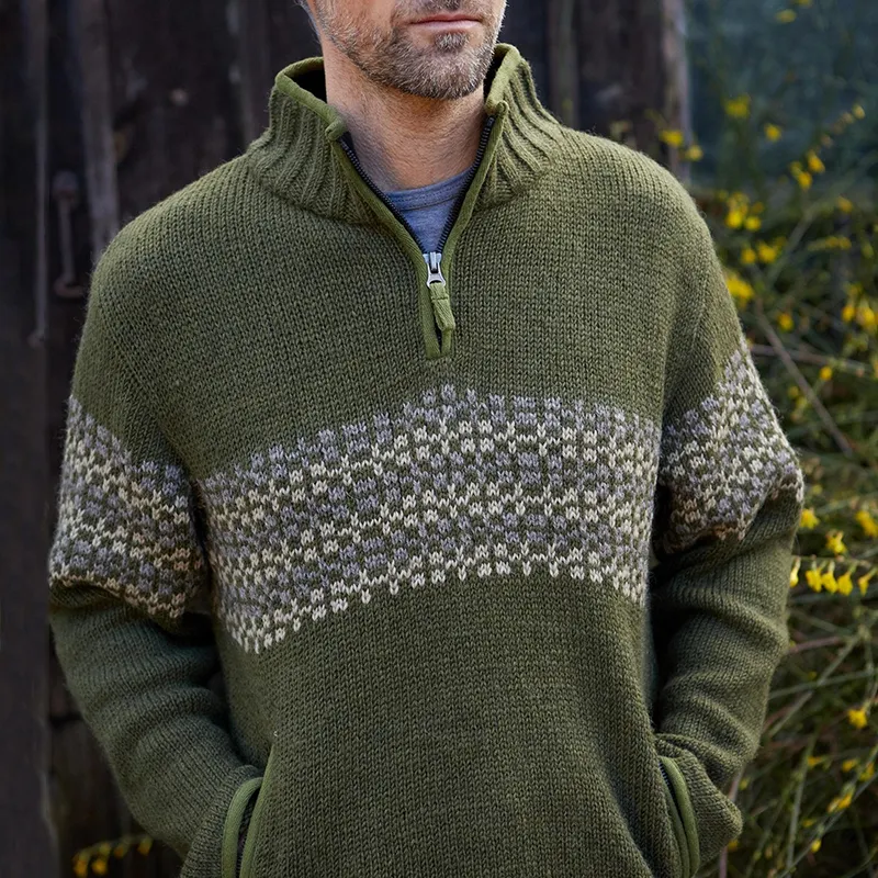 Vintage Warmth Norwool Icelandic Knit Jacquard Half Zip Collar Sweater（Unisex ）