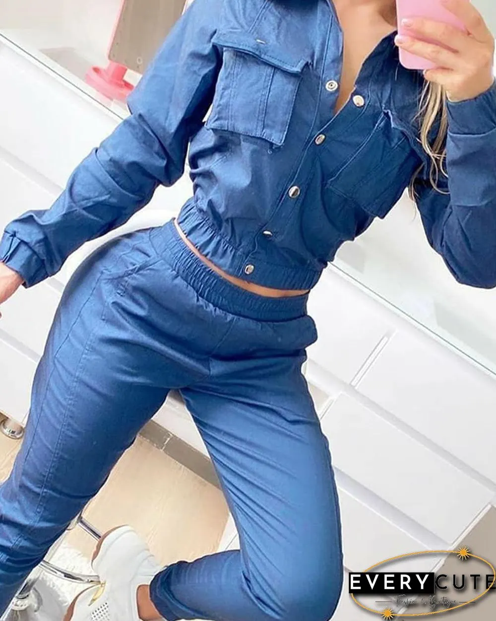 Solid Long Sleeve Fitting Denim Suit Sets P15183