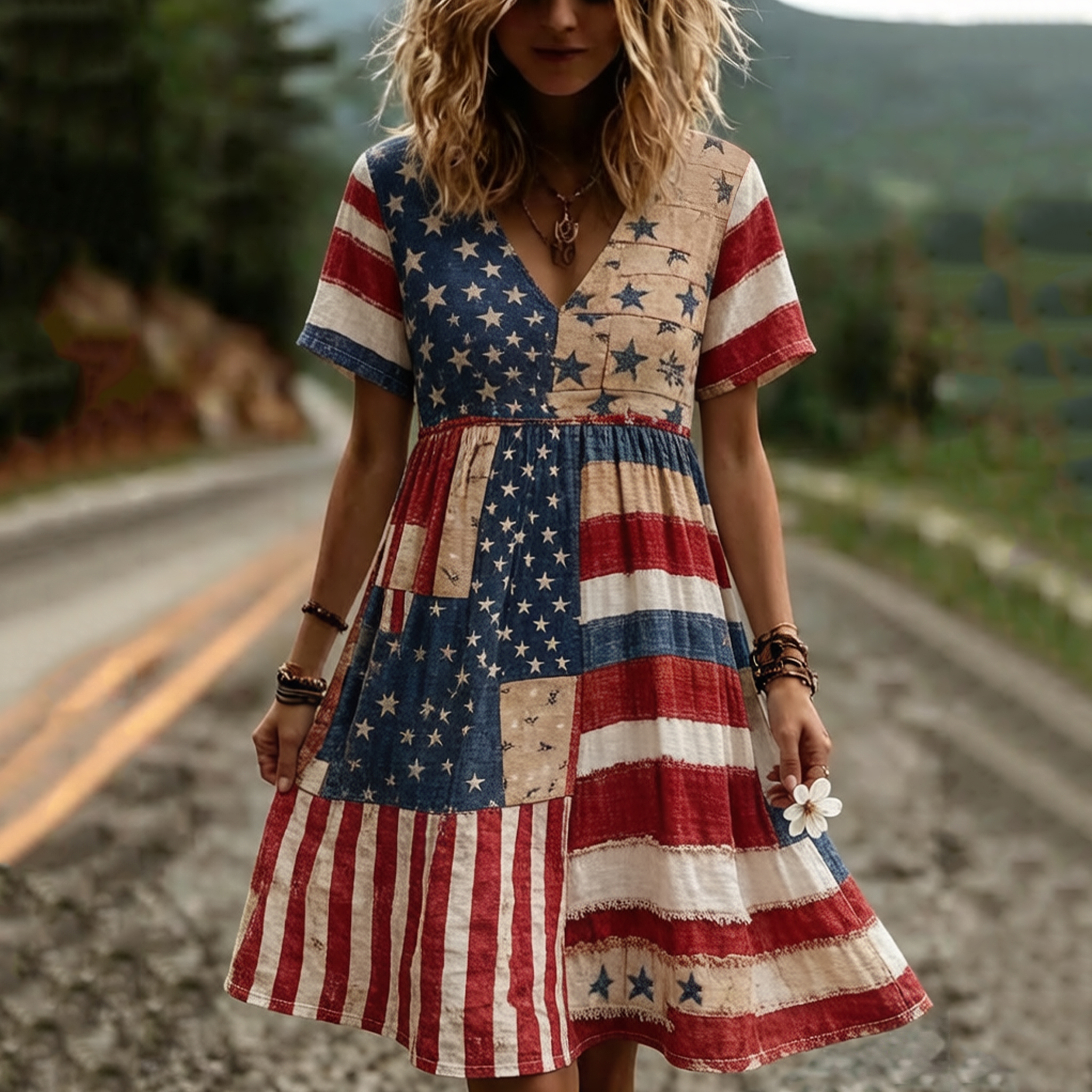 Comstylish Women's Vintage Flags Print Short-sleeve Casual Linen Dress