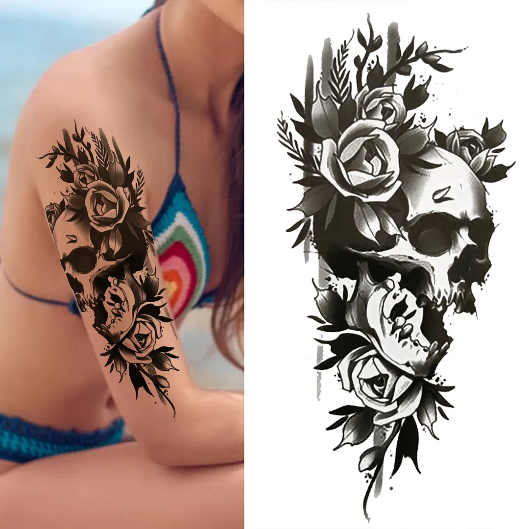Sdrawing King Crown Temporary Tattoos For Women Men Adult Black Tiger Forest Skull Tattoo Sticker Fake Skeleton Fashion Tatoo Flower