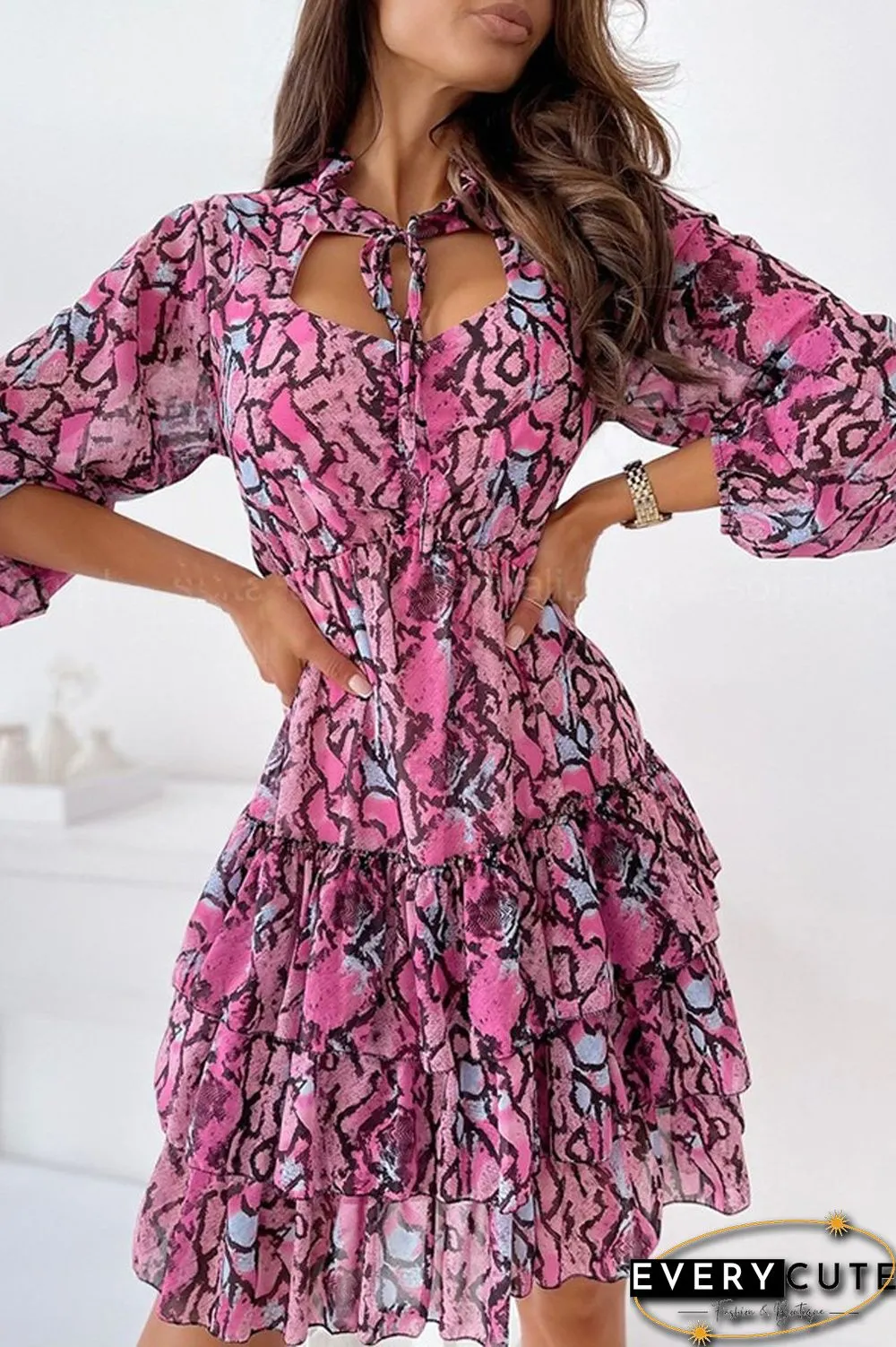 Lace-Up Neckline Tired Dress