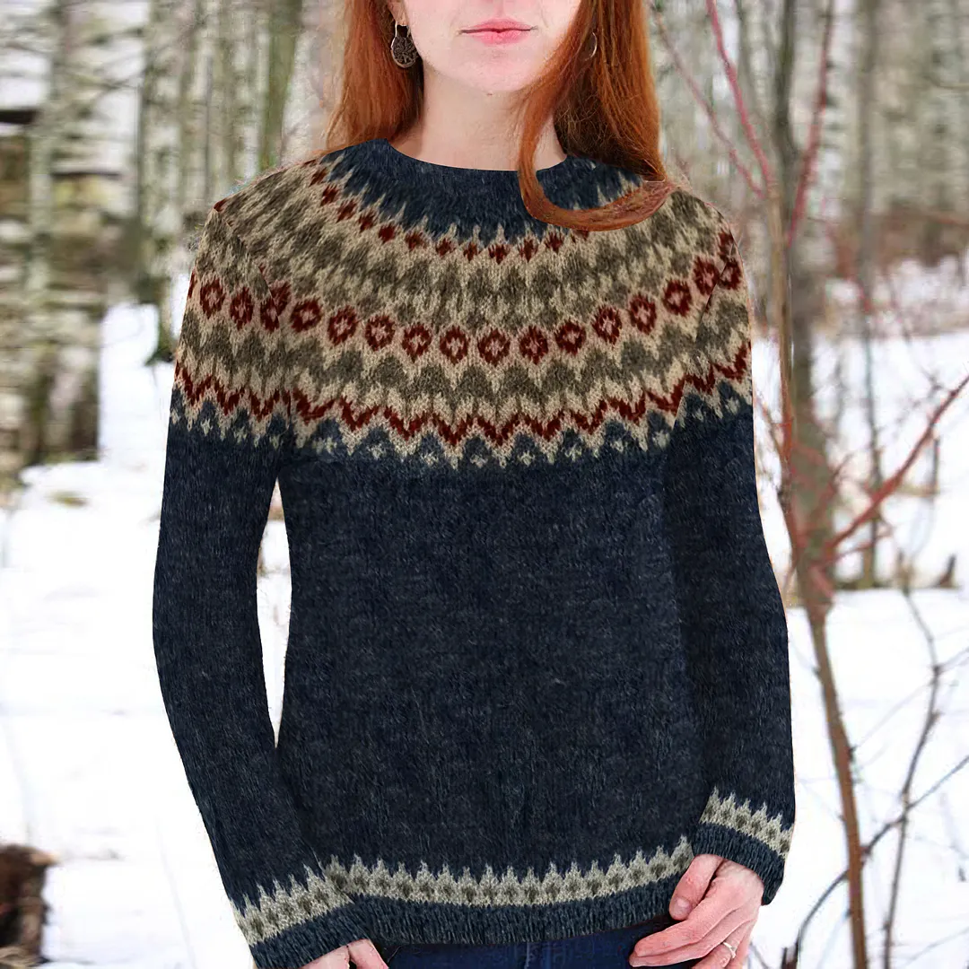 Vintage Fairman Island Print Crew Neck Long Sleeves Sweater