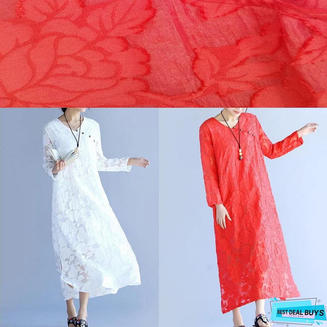 Unique O Neck Spring Tunic Pattern Fabrics White Cut Flowers Long Dress
