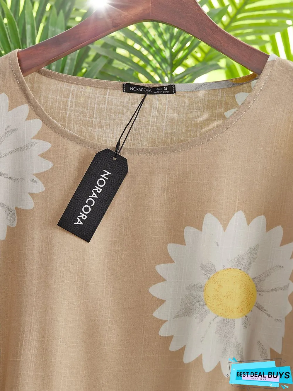 Floral Crew Neck Loose Cotton-Blend Tunic Sweatshirt