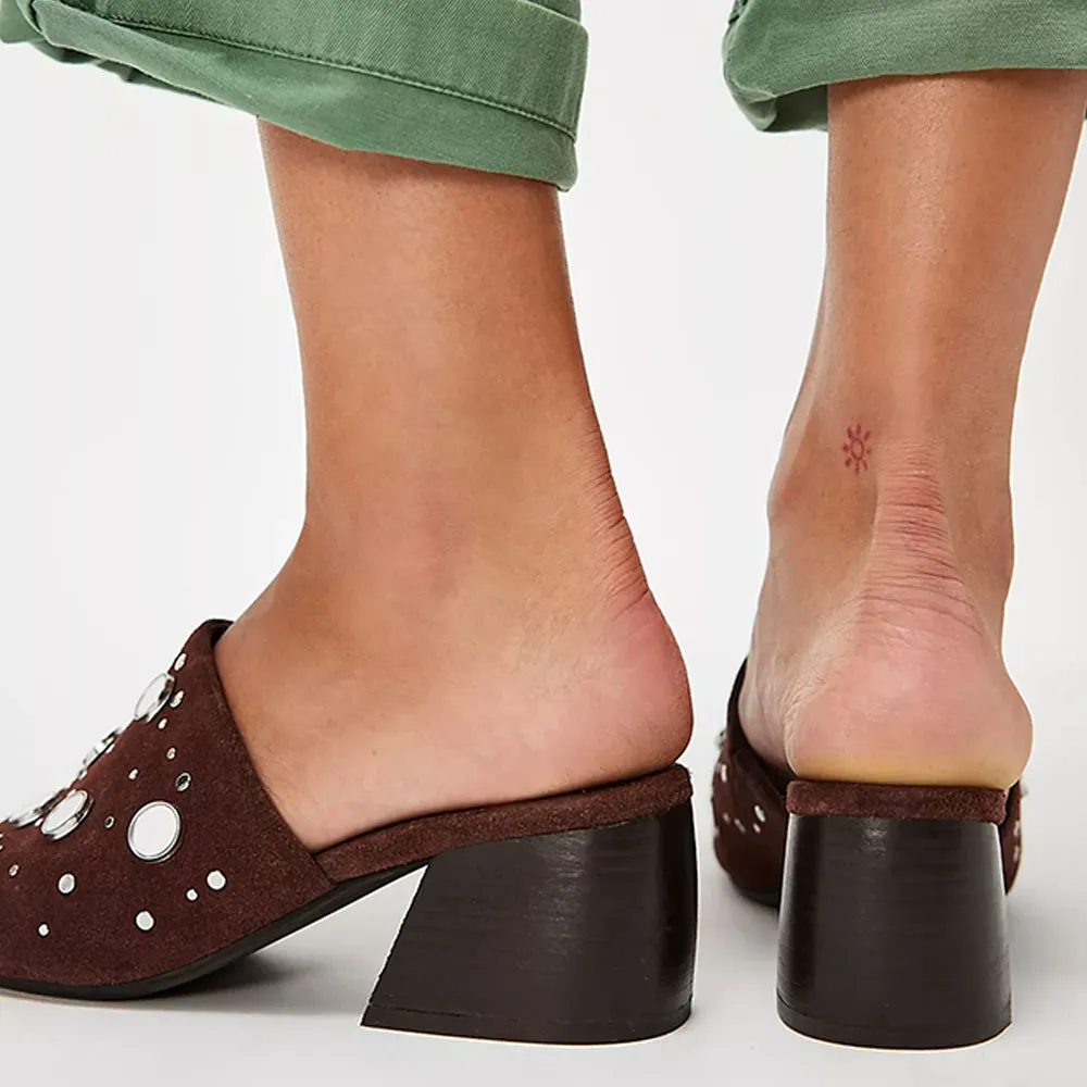 Brown Vegan Suede Open Square Toe Studded Slip On Heeled Mules