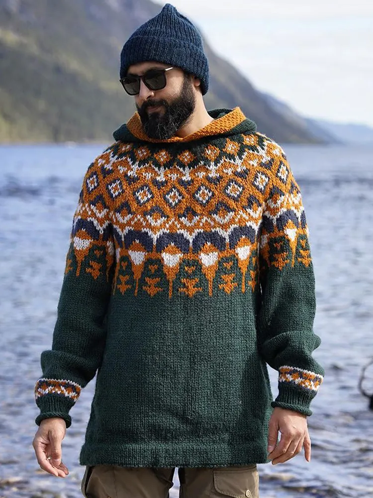 Retro Contrasting Colors Knitted Icelandic Hooded Sweater