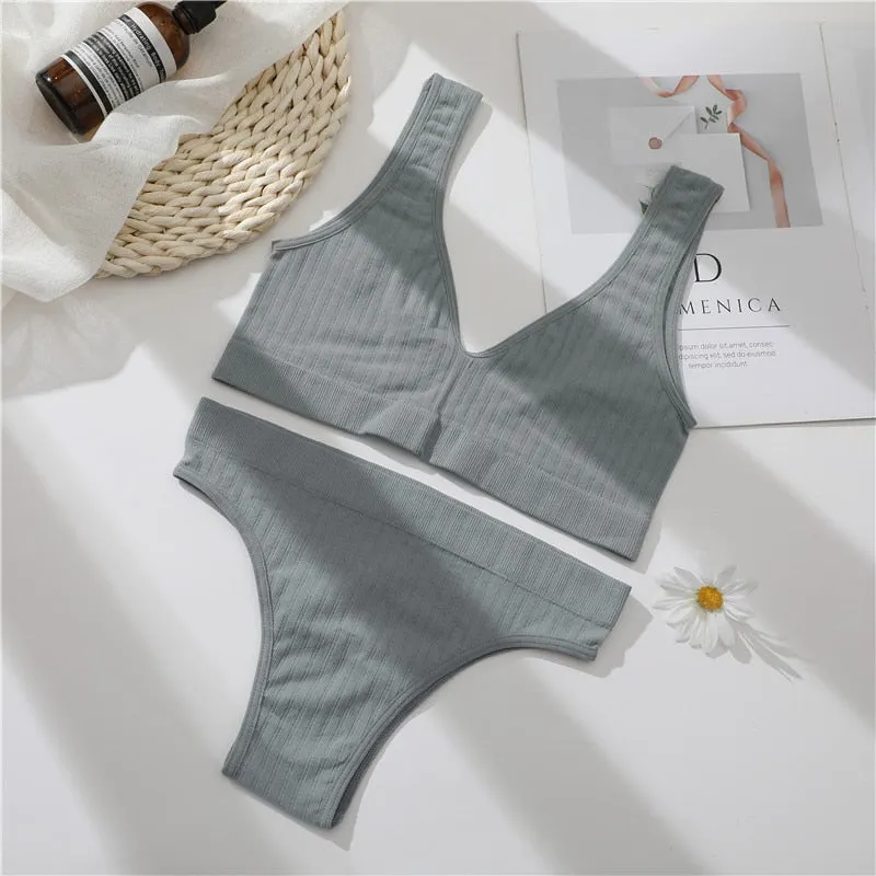 FINETOO Women Seamless Bra Underwear Set Sexy Lingerie Tanks Top+ Brazilian Pantys Fitness Active Sports Push Up Brassiere Sets