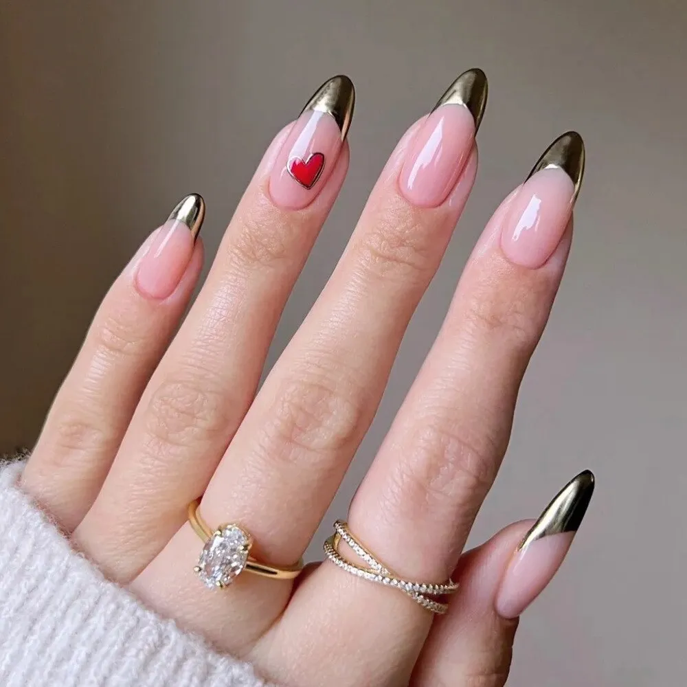 24Pcs Coffee Color With Grids Heart Designs False Nail Full Cover Fake Nails with Glue Detachable Wearable Manicure Nail Tips-Nail Inspo