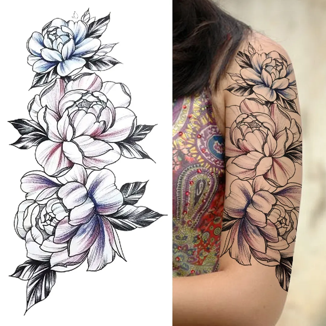 Realistic Fake Peony Temporary Tattoos For Women Girl Black Rose Elephant Flower Tattoo Sticker Tiger Anemone Tatoos Half Sleeve 1108-1