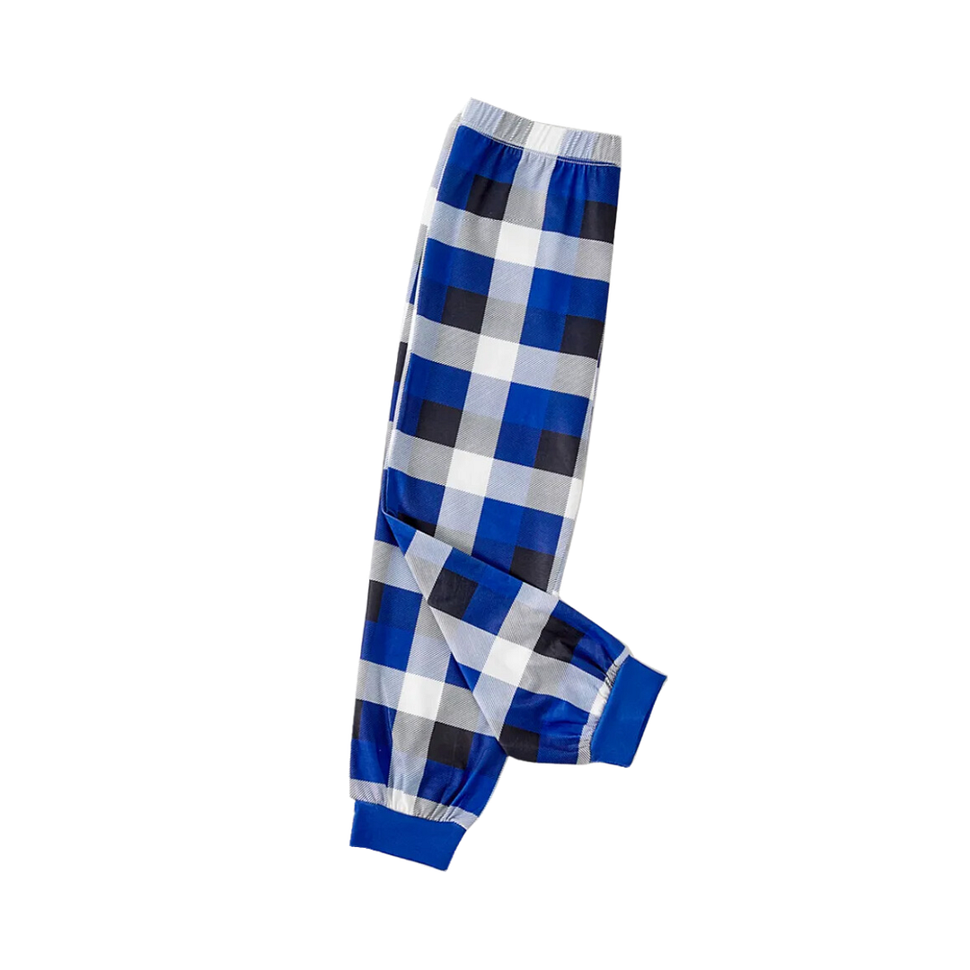 "Merry Whatever" Slogan and Cartoon Pattern Printed Blue and White Plaid Family Matching Pajamas