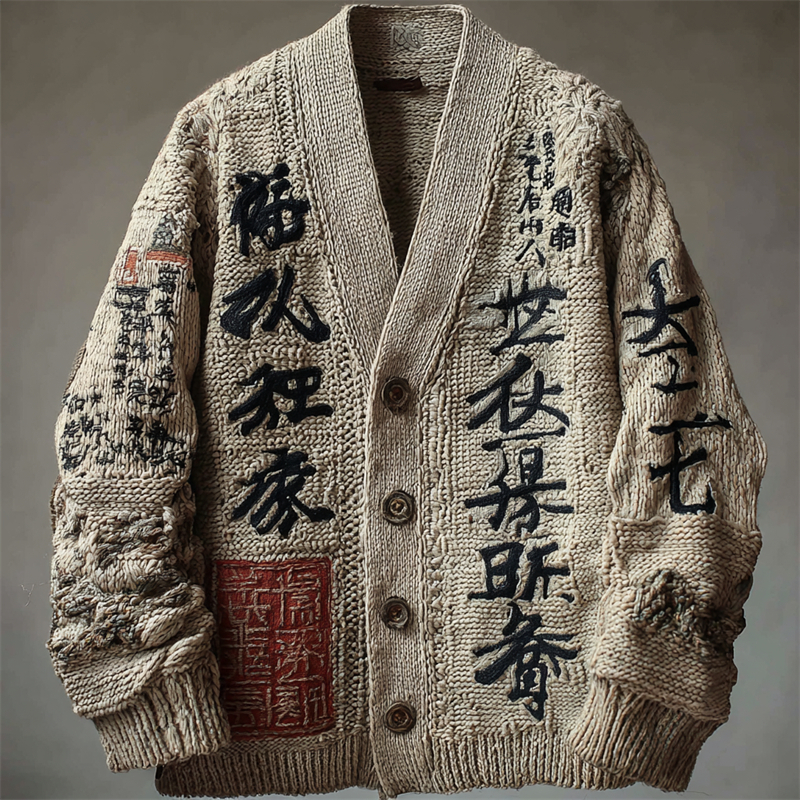 Japanese Calligraphy Art Embroidered Cozy Knit Cardigan