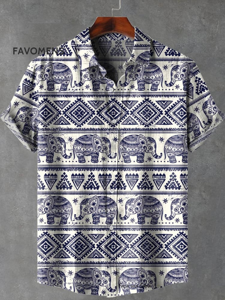 Vintage Tribal Totem Elephant Art Print Casual 100% Cotton Shirt Multicolor / S