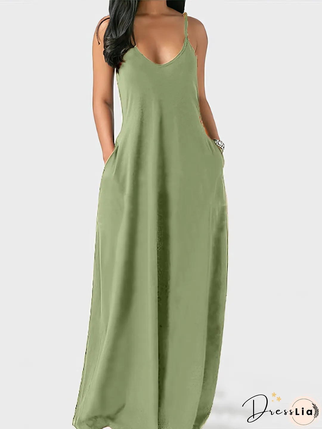 V-neck Solid Pocket Casual Sling Dress