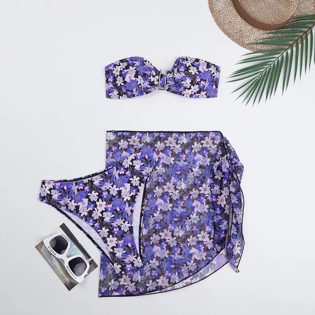 Churchf 2025 Swimsuit Women Divided Metal U-Shaped Bikini Bikini Three-Piece Printed Swimsuit