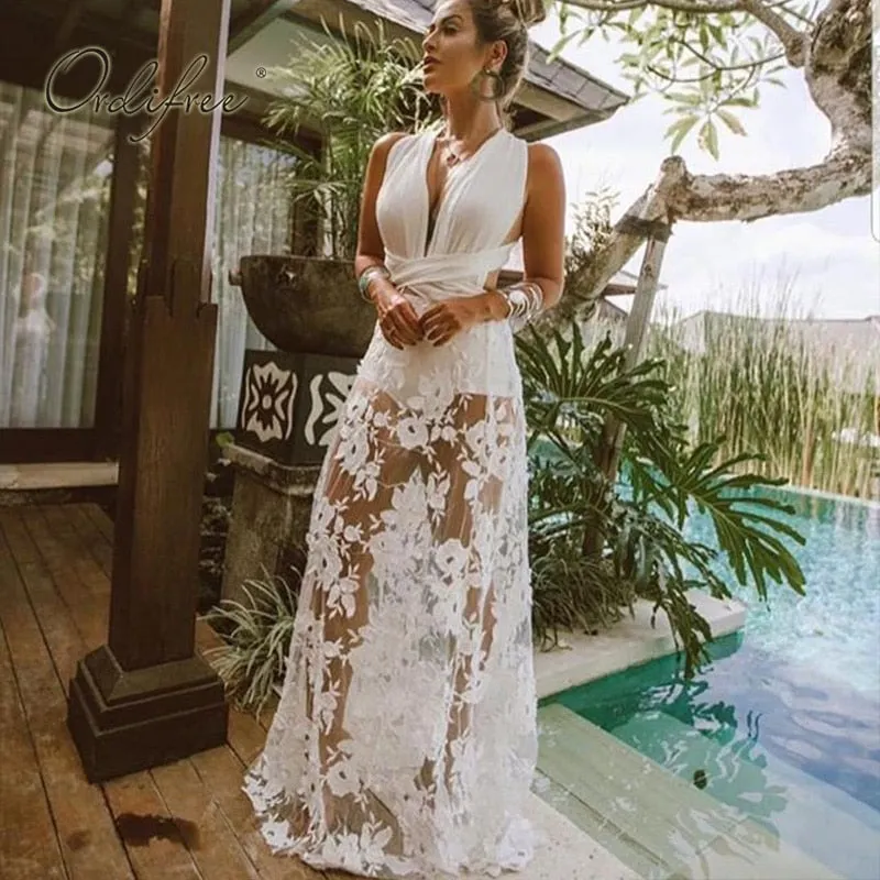 Ordifree 2022 Summer Women Sexy Long Dress Transparent White Lace Backless Sleeveless Maxi Tunic Beach Dress