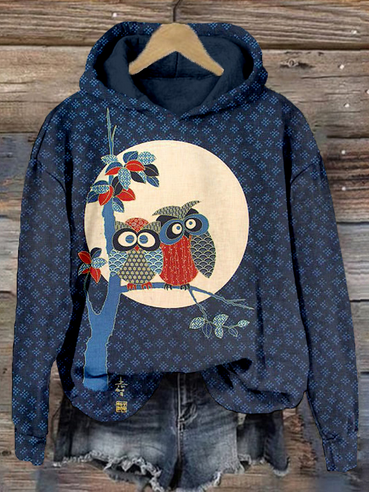 Owls on Tree Japanese Art Vintage Cozy Hoodie
