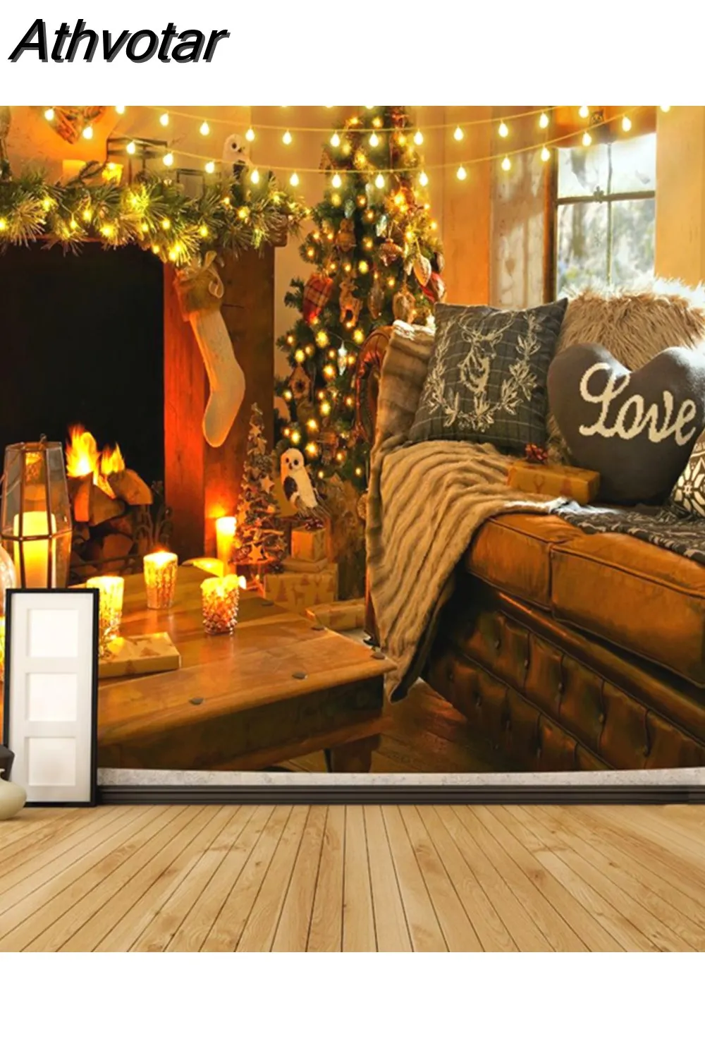 Athvotar Happy New Year Tapestry Christmas Fireplace Wall Hanging Cloth Home Background Bedroom Bedside Decorative Xmas Tree Tapiz
