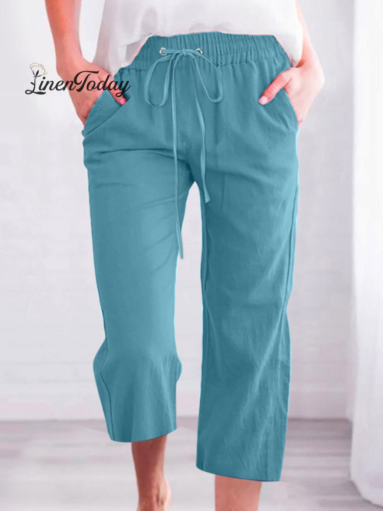 Women&rsquo;s Casual Summer Linen Pants High Waisted Loose Yoga Sweatpants Crop With Pockets Sky Blue /