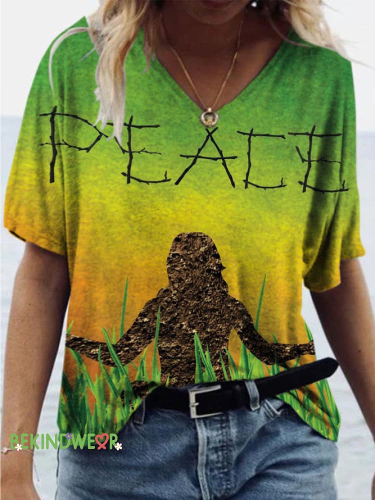 Peace Portrait Back Print Casual V-Neck Short Sleeve T-Shirt Multicolor / S