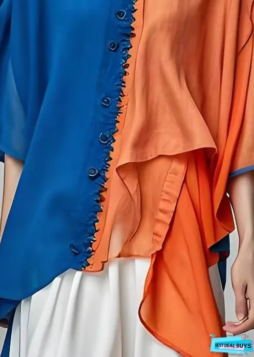 Women Colorblock O-Neck Asymmetrical Patchwork Cotton Top Summer