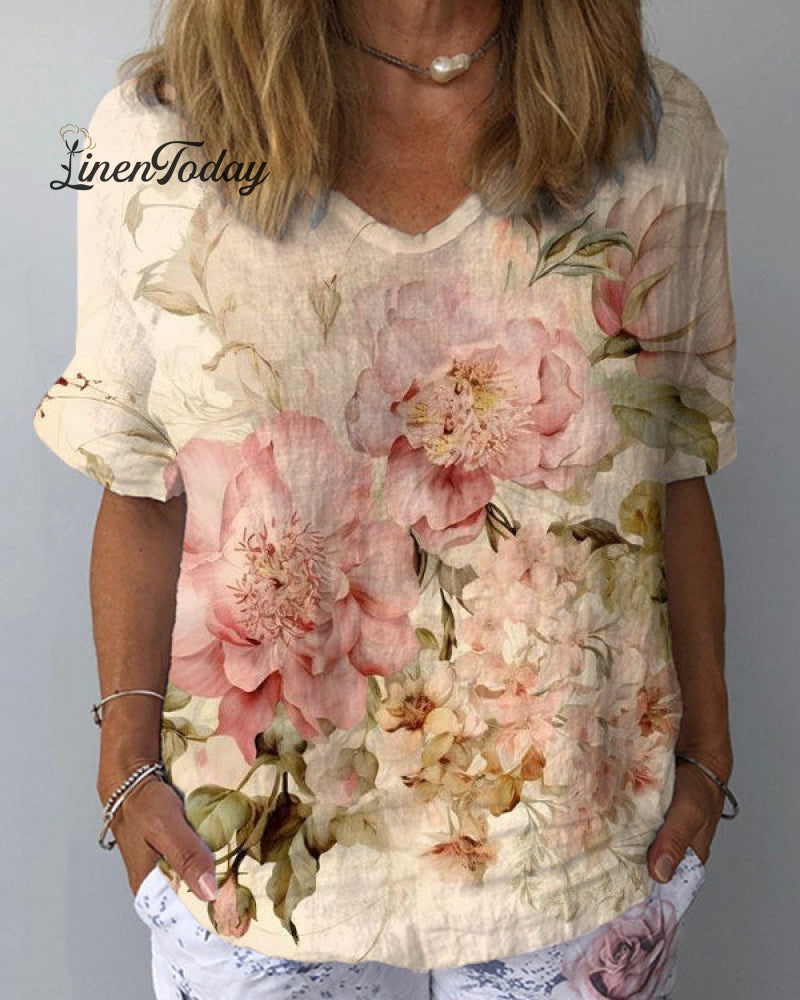 Retro Chic Casual Floral Loose Short-Sleeved Top Beige / S