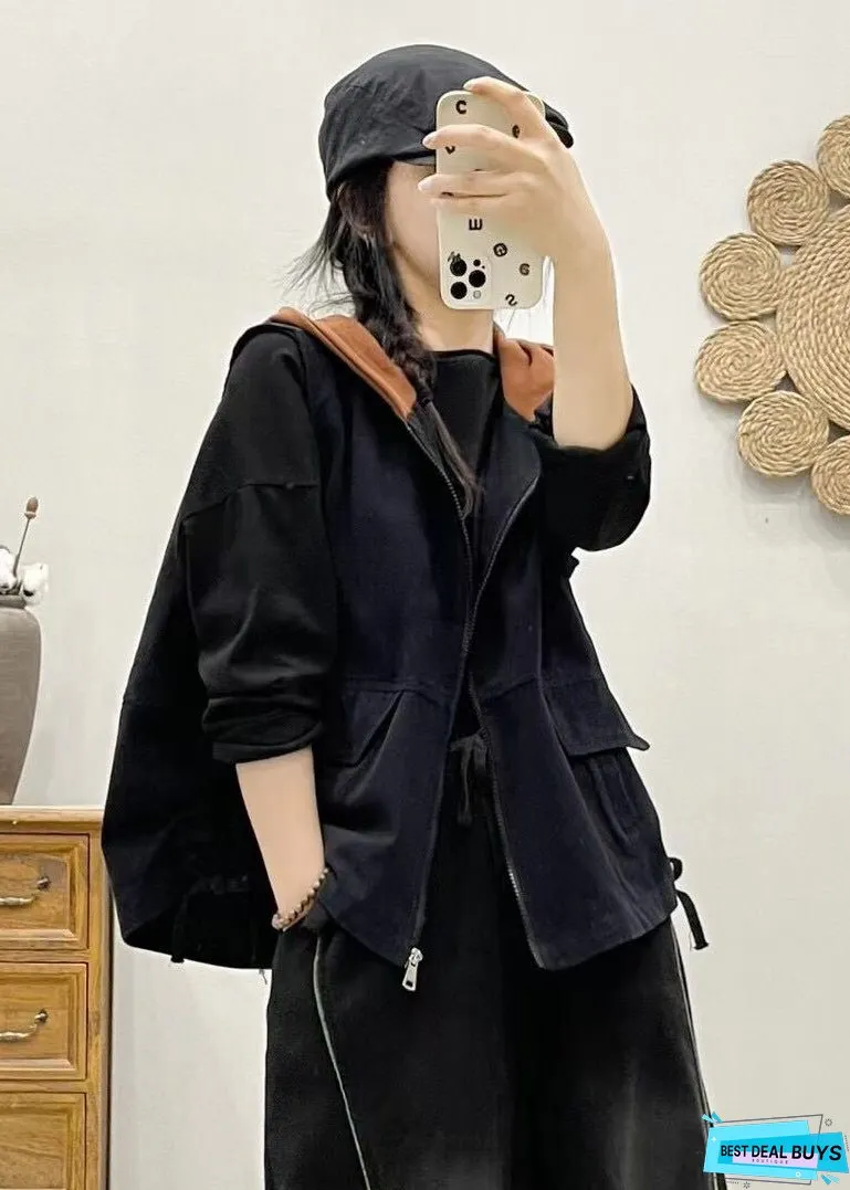 Women Khaki Hooded Zippered Patchwork Denim Vest Sleeveless