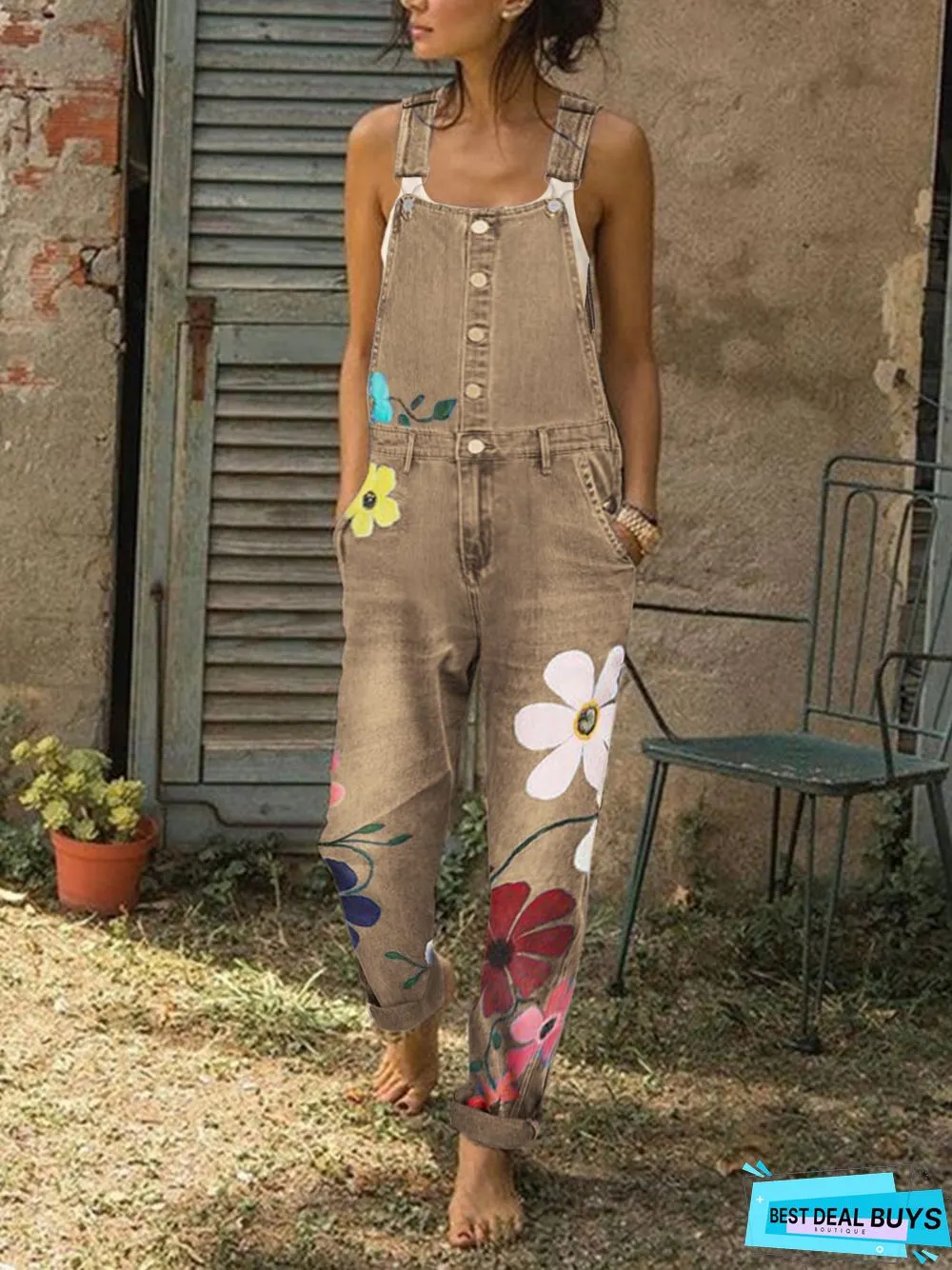 Sleeveless Denim Floral Floral-Print One-Pieces