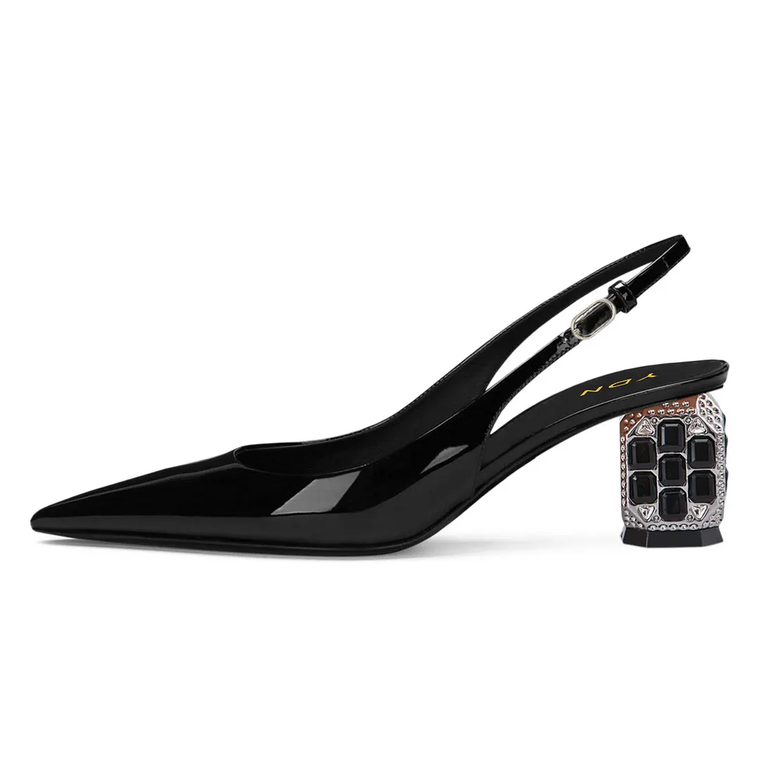 Black Patent Leather Rhinestone Slingback Heels with Pointed Toe