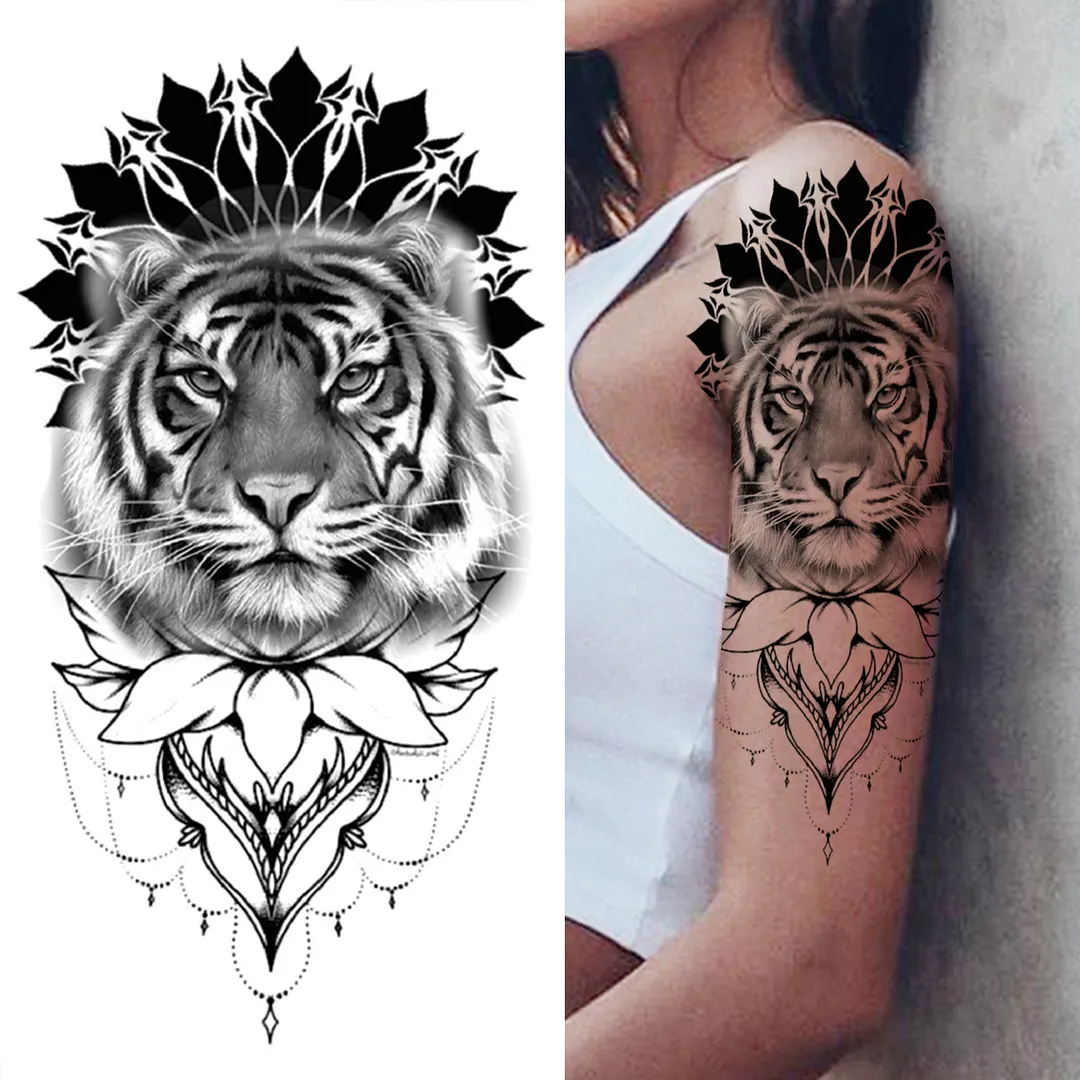 Sdrawing Lion Flower Temporary Tattoos For Women Men Kids Boy Black Tiger Skeleton Tattoo Sticker Fake Compass Tatoos Half Sleeve