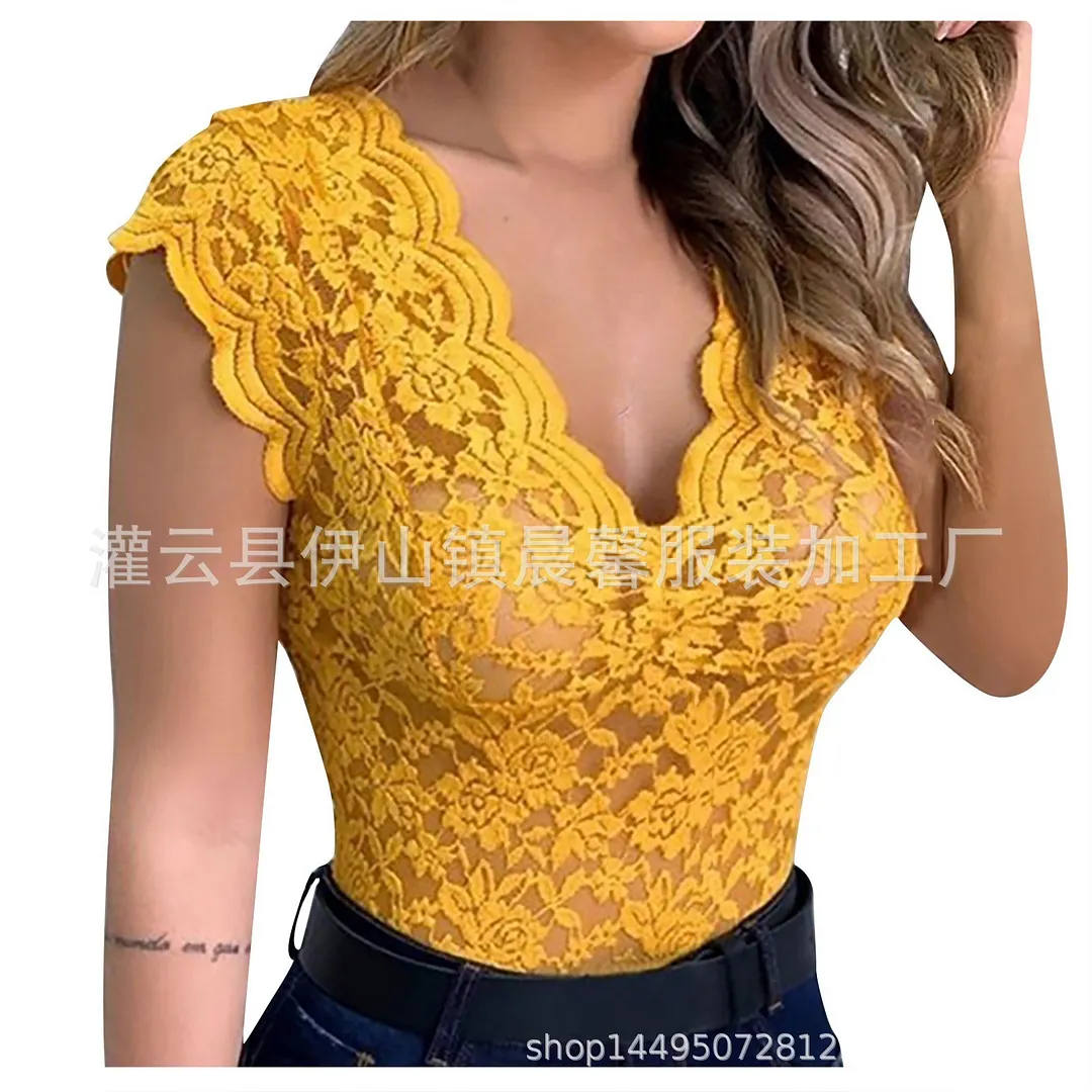 Churchf 2024Wish New Lace Lace T-Shirt T-Shirt Blouse Rose Straight Close Sexy Pajamas