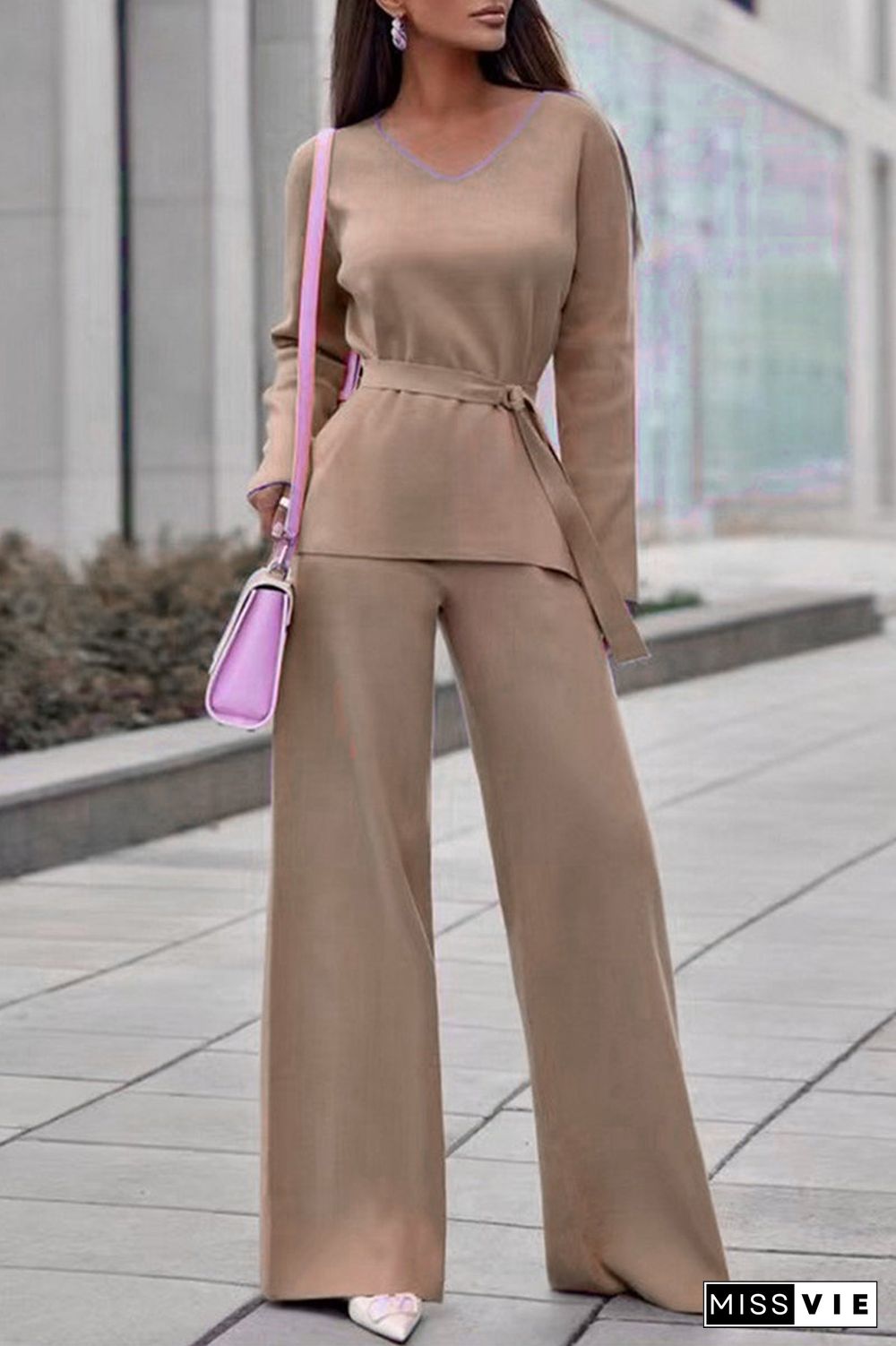 Casual Simplicity Solid Bandage V Neck Long Sleeve Two Pieces