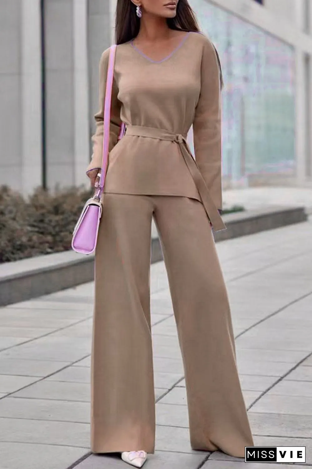 Casual Simplicity Solid Bandage V Neck Long Sleeve Two Pieces