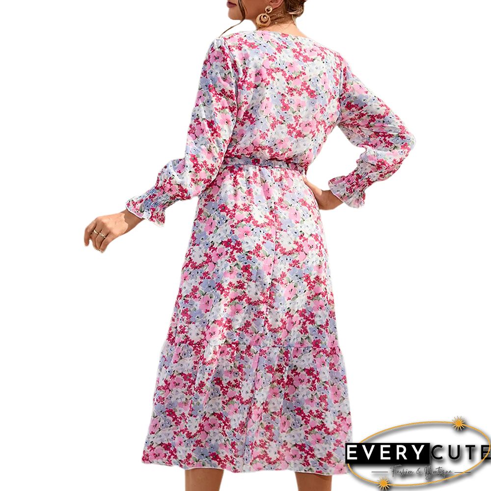 Multicolor V Neck Tie Waist Long Sleeve Floral Dress