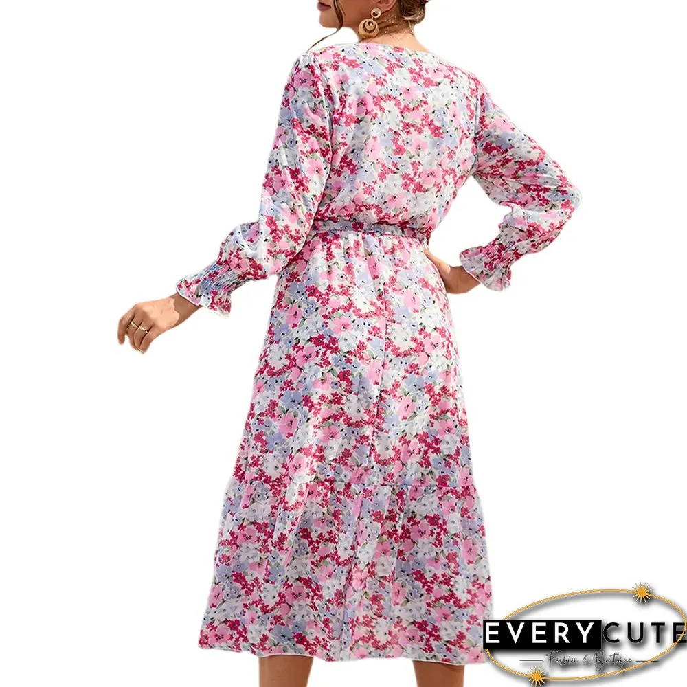 Multicolor V Neck Tie Waist Long Sleeve Floral Dress