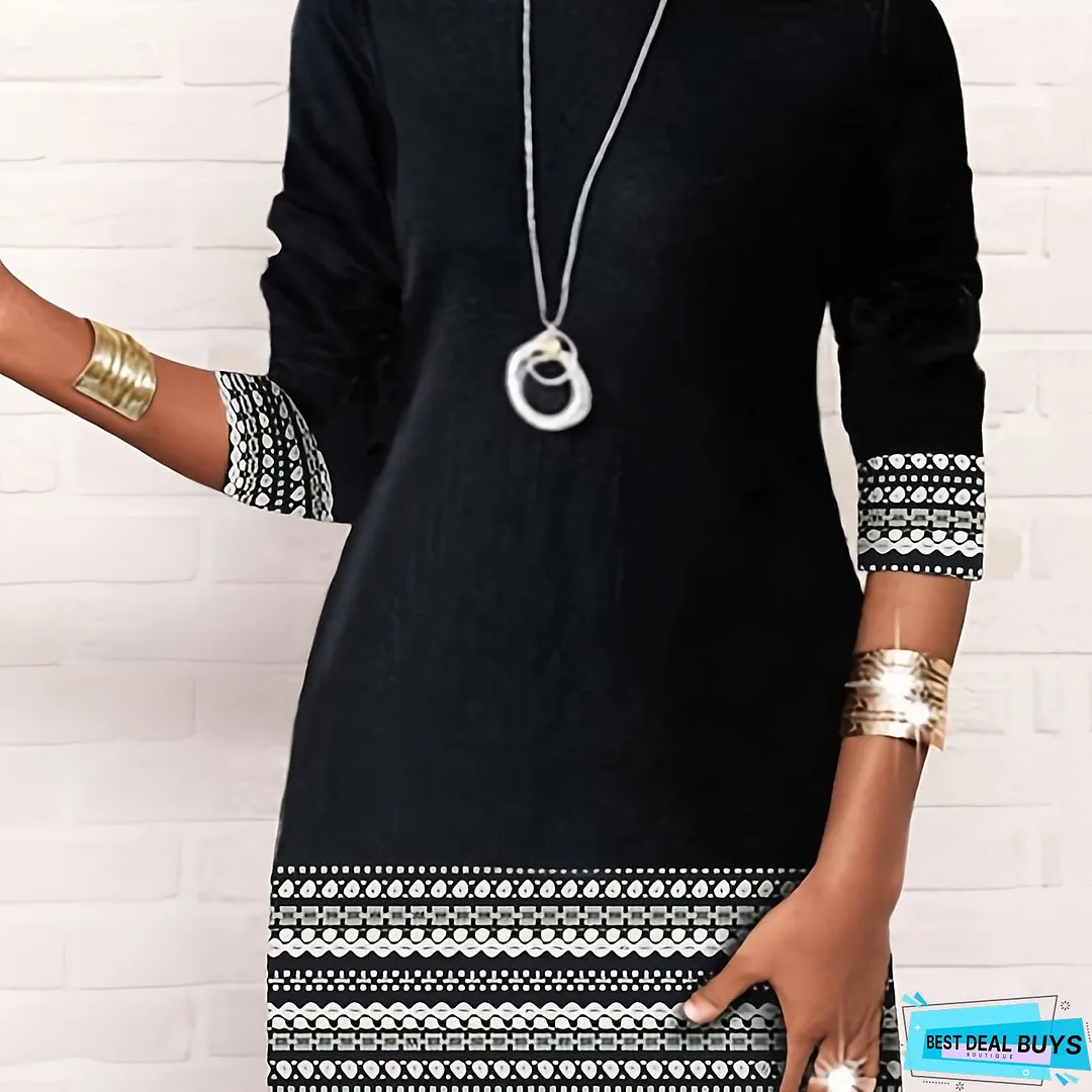 Color Block Printed Dress, Casual Crew Neck Long Sleeve A Line Dress, Women's Clothing