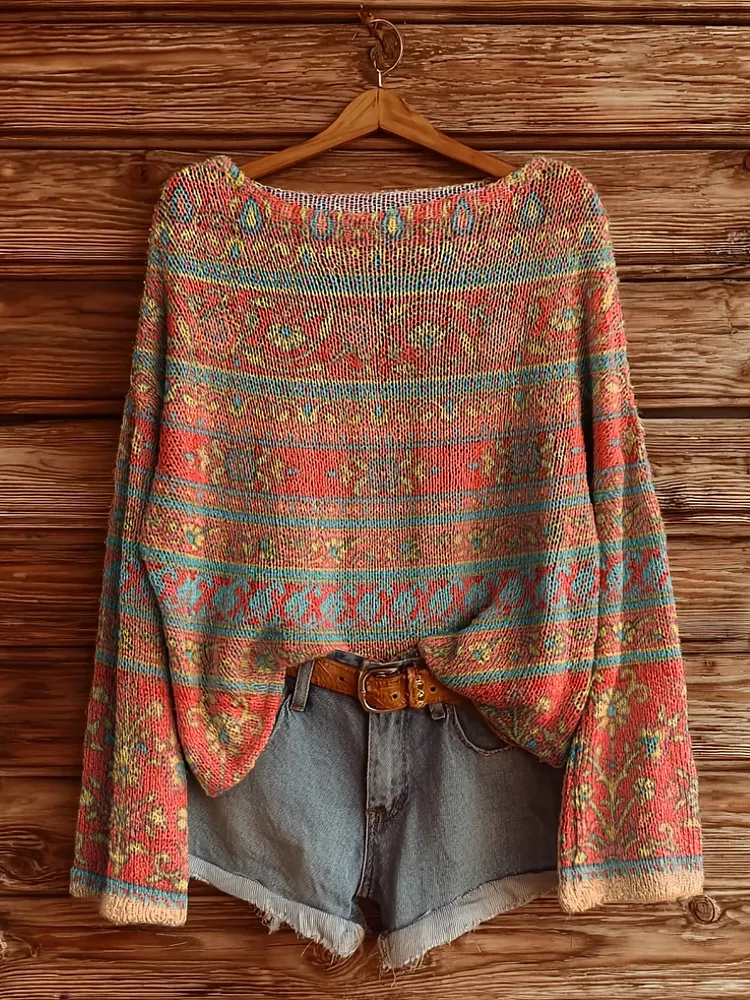 Women's Vintage Ethnic Floral Collage Art Print Casual Pullover Sweater