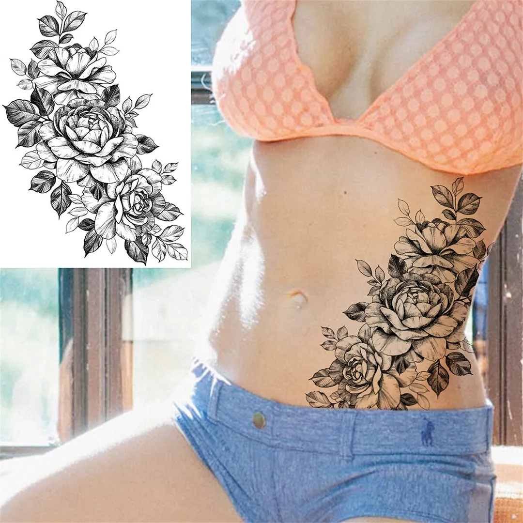 Flower Compass Temporary Tattoo For Women Girls Adult Rose Peony Tattoos Sticker Fake Black Floral Body Art Thigh Tatoos Paper