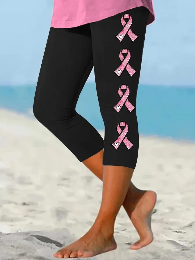 Women's Pink Ribbon Breast Cancer Awareness Warrior Supporter Cropped Leggings 