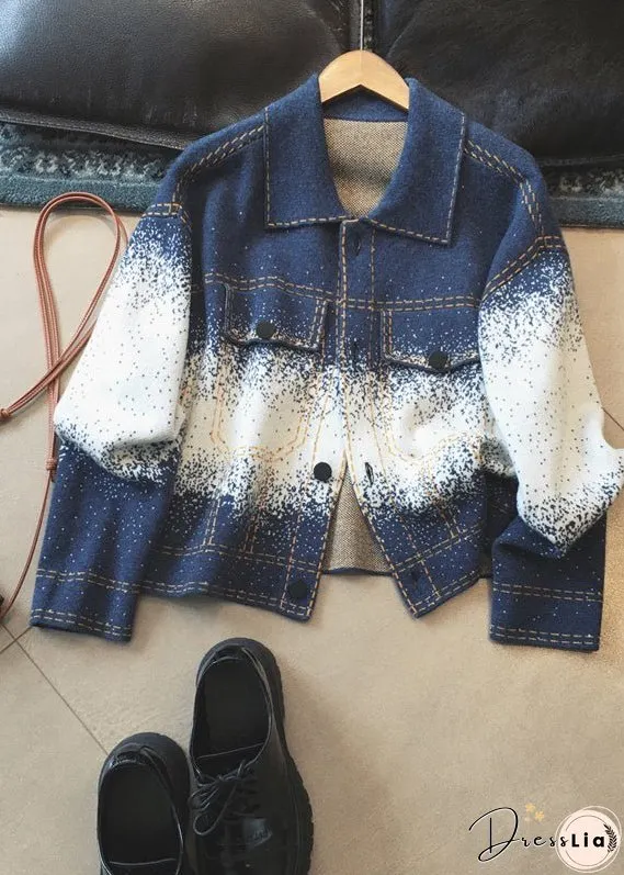 Gradient Color Blue Square Collar Button Wool Knit Coats Long Sleeve