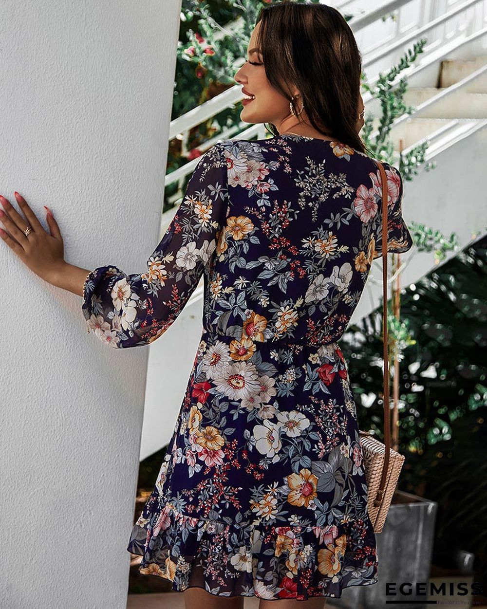 New Women's Spring/summer V-neck Long-sleeved Chiffon Print Dress | EGEMISS
